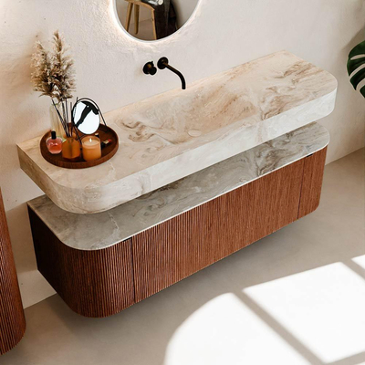 MONDIAZ THOR-DLUX 150cm meuble de salle de bains arrondi gauche + droite couleur Ruby avec 1 tiroir et 2 portes. Vasque suspendue CLOUD Milieu sans trou de robinet couleur Frappe.