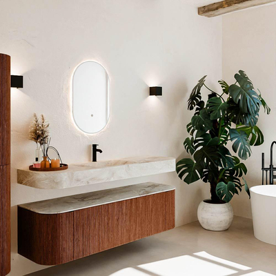 MONDIAZ THOR-DLUX 160cm meuble de salle de bains arrondi gauche + droite couleur Ruby avec 1 tiroir et 2 portes. Vasque suspendue CLOUD Milieu 1 trou de robinet couleur Frappe.