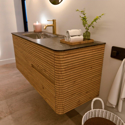 Mondiaz CIRO-DLUX Ensemble de meubles de salle de bains - 120x45x50cm - Vasque solid surface Lava - 1 bassin à gauche - 1 trou de robinet - 2 tiroirs - Chêne