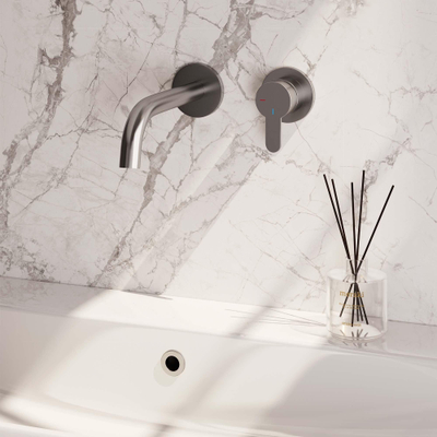 BRAUER Brushed Edition Wastafelmengkraan inbouw - gebogen uitloop links - hendel plat smal - inclusief inbouwdeel - model D 1 - PVD - geborsteld RVS