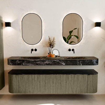 MONDIAZ THOR-DLUX 190cm meuble de salle de bains arrondi gauche + droite couleur Shadow avec 2 tiroirs et 2 portes. Vasque suspendue CLOUD Double sans trou de robinet couleur Lava.