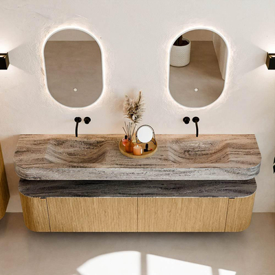 MONDIAZ THOR-DLUX 200cm meuble de salle de bains arrondi gauche + droite couleur Oak avec 2 tiroirs et 2 portes. Vasque suspendue CLOUD Double sans trou de robinet couleur Oza.