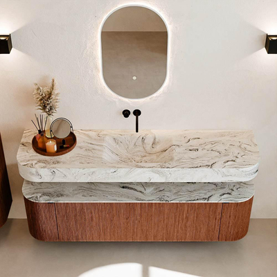 MONDIAZ THOR-DLUX Meuble de salle de bains - 170cm - arrondi gauche + droite - couleur Ruby - 1 tiroir - 2 portes - Vasque suspendue CLOUD Milieu sans trou de robinet - couleur Glace