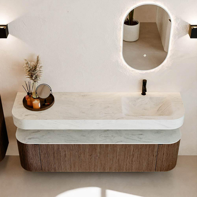 MONDIAZ THOR-DLUX 170cm meuble de salle de bains arrondi gauche + droite couleur Walnut avec 1 tiroir et 2 portes. Vasque suspendue CLOUD droite 1 trou de robinet couleur Opalo.