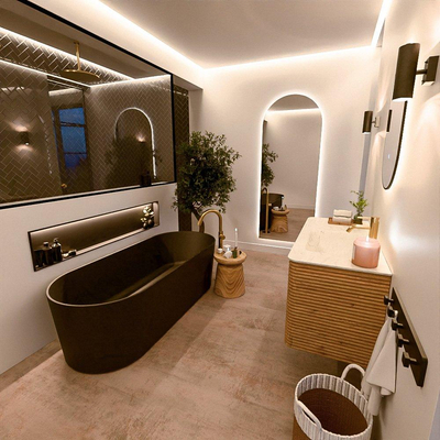 Mondiaz CIRO-DLUX Badkamermeubelset - 110x45x50cm - Solid surface wastafel Opalo - 1 wasbak Rechts - 1 kraangat - 2 lades - Oak