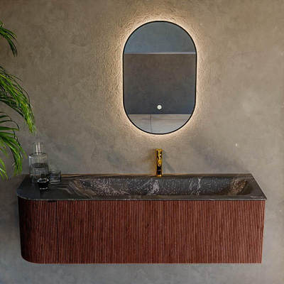 Mondiaz KURVE-DLUX Badkamermeubelset - 145x46x40cm - 1 lade - 1 deur - wastafel solid surface - rechts - 1 kraangat - Ruby