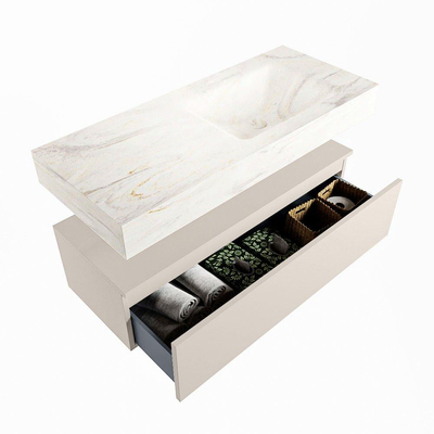 Mondiaz ALAN-DLUX Ensemble de meuble - 110cm - meuble Linen mat - 1 tiroir - Lavabo Cloud Ostra suspendu - vasque droite - 0 trous de robinet