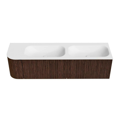 MONDIAZ KURVE Meuble de salle de bains 165 cm avec module 25 L couleur Walnut avec 2 tiroirs et 1 porte. Lavabo BIG SMALL double / droit 2 trous de robinet Talc.
