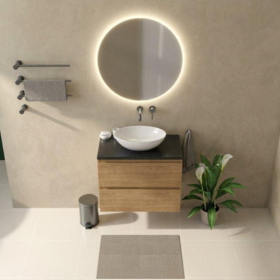 Saniclass Holz Pure Ensemble de meubles de salle de bains - 80x45x63cm - plan vasque en basalte Noche poli (noir) - sans trou de robinet - 2 tiroirs - chêne natural mat (bois)