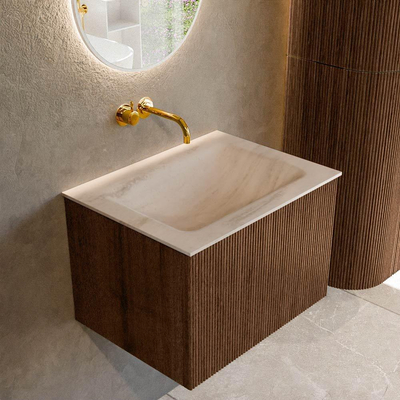 MONDIAZ KURVE-DLUX 60cm badmeubel kleur Walnut met 1 lade en 0 deuren. Wastafel CLOUD Midden zonder kraangat Meli.