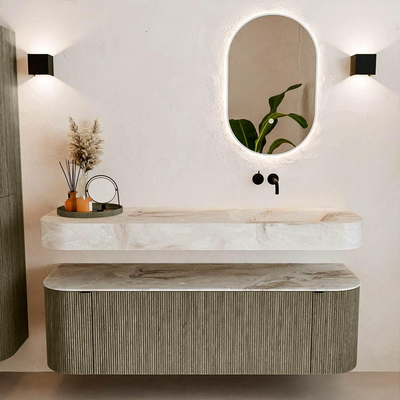 MONDIAZ THOR-DLUX 150cm meuble de salle de bains arrondi gauche + droite couleur Shadow avec 1 tiroir et 2 portes. Vasque suspendue CLOUD Droite sans trou de robinet couleur Frappe.