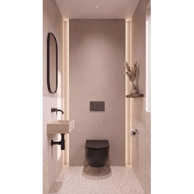 QeramiQ Dely Swirl Toiletset - inbouwreservoir Qeramiq Flush - slim zitting - natuursteen donker marmeren bedieningsplaat - ronde knoppen - mat zwart
