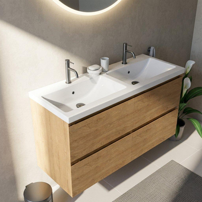 Saniclass Holz Pure Ensemble de meubles de salle de bains - 120x45x63.5cm - Lavabo en céramique Bari blanc - 2 vasques - 2 trous de robinetterie - 4 tiroirs - chêne natural mat (bois)