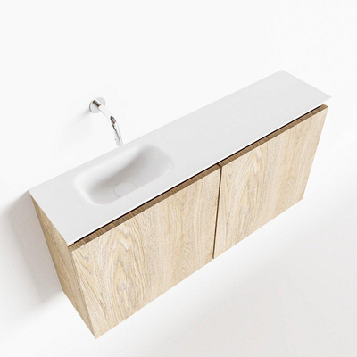 MONDIAZ TURE Fonteinset - 100x23x50cm - 0 kraangaten - 2 deuren - washed oak mat - Wasbak links - Solid Surface Wit