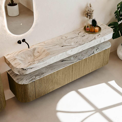 MONDIAZ THOR-DLUX 200cm meuble de salle de bains arrondi gauche + droite couleur Dusk avec 2 tiroirs et 2 portes. Vasque suspendue CLOUD Gauche sans trou de robinet couleur Glace.