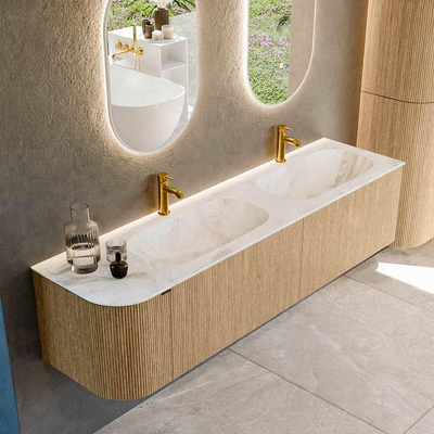 MONDIAZ KURVE-DLUX meuble de salle de bains 175 cm avec module 25 L couleur Chêne avec 2 tiroirs et 1 porte. Lavabo STOR SMALL double / droite 2 trous de robinet couleur Frappe.