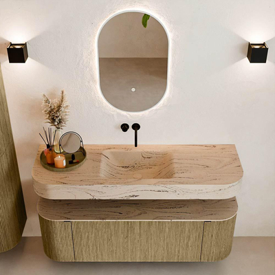 MONDIAZ THOR-DLUX Meuble de salle de bains 140cm arrondi gauche + droite couleur Dusk avec 1 tiroir et 2 portes. Vasque suspendue CLOUD Centre sans trou de robinet couleur Arena.