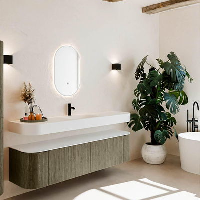 MONDIAZ THOR 180cm meuble de salle de bains arrondi gauche + droite couleur Shadow avec 2 tiroirs et 2 portes. Vasque suspendue CLOUD Milieu 1 trou de robinet couleur Talc.