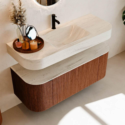 MONDIAZ THOR-DLUX 120cm meuble de salle de bains arrondi gauche + droite couleur Ruby avec 1 tiroir et 2 portes. Vasque suspendue CLOUD Milieu 1 trou de robinet couleur Meli.