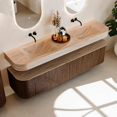 MONDIAZ THOR-DLUX Meuble de salle de bains - 190cm - arrondi gauche + droite - couleur Walnut - 2 tiroirs et 2 portes - Vasque suspendue CLOUD Double sans trou de robinet - couleur Saba