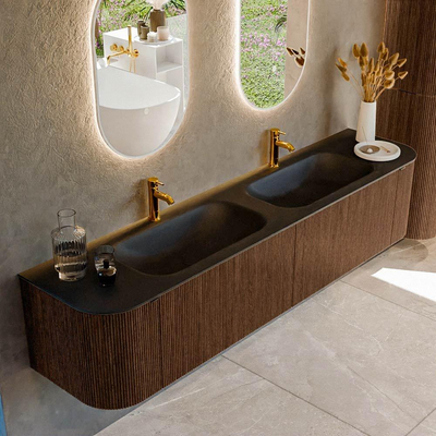 MONDIAZ KURVE Meuble de salle de bains 200 cm avec module 25 Len R couleur Walnut avec 2 tiroirs et 2 portes. Lavabo BIG SMALL double 2 trous de robinet Urban.