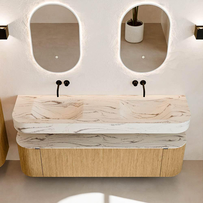 MONDIAZ THOR-DLUX 170cm badmeubel ronding links + rechts kleur Oak met 1 lade en 2 deuren. Vrijhangende wastafel CLOUD Dubbel zonder kraangat kleur Nata.