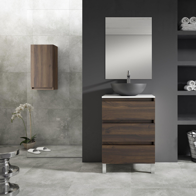 Saniclass Chaci PLUS Meuble de salle de bain - 60x86x46cm - lavabo en céramique blanc - 1 vasque ovale - 1 trou de robinet - 3 tiroirs - miroir rectangulaire - noyer (hout)