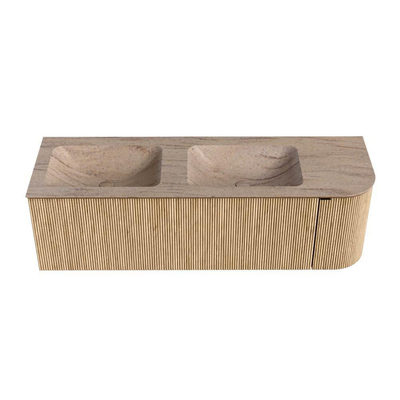 MONDIAZ KURVE-DLUX 145cm meuble de salle de bains arrondi Droite couleur Chêne avec 1 tiroir et 1 porte. Lavabo LEAF Double / Gauche sans trou de robinet Saba.