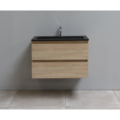 Basic Bella Meuble salle de bains avec lavabo acrylique Noir 80x55x46cm 1 trou de robinet Chêne