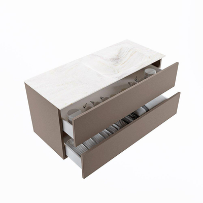 Mondiaz VICA-DLUX ensemble de meuble de salle de bain - 110cm - meuble sous-vasque fumée - 2 tiroirs - lavabo encastré nuage droite - sans trous de robinet - version haute 60cm - ostra