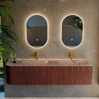 MONDIAZ KURVE-DLUX 175cm meuble de salle de bains arrondi à gauche couleur Ruby avec 2 tiroirs et 1 porte. Vasque STOR SMALL Double / droite 2 trous de robinet Arena.