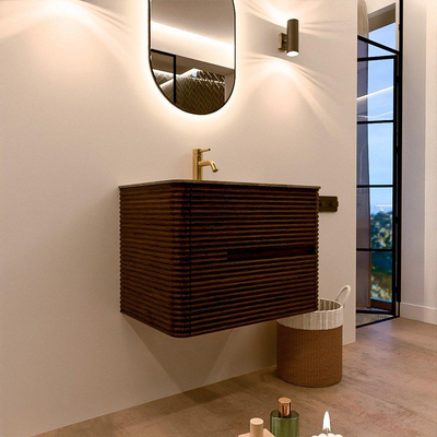 Mondiaz CIRO-DLUX Badkamermeubelset - 70x45x50cm - Solid surface wastafel Oza - 1 wasbak Midden - 1 kraangat - 2 lades - Walnut