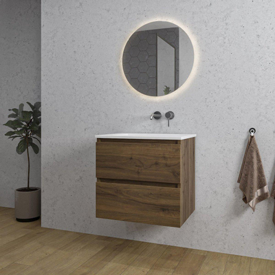Adema Chaci Ensemble de meuble - 60x46x57cm - 1 vasque en céramique blanche - sans trou de robinet - 2 tiroirs - miroir rond avec éclairage - Noyer