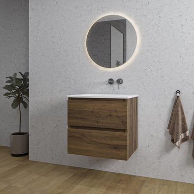 Saniclass Chaci Meuble de salle de bain - 100x45x55cm - lavabo en céramique brillant blanc - 1 vasque - sans trou de robinet - 2 tiroirs - noyer