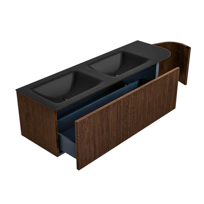 MONDIAZ KURVE Meuble de salle de bains 145 cm avec module 25 R couleur Walnut avec 1 tiroir et 1 porte. Lavabo CLOUD double / à gauche 2 trous de robinet Urban.
