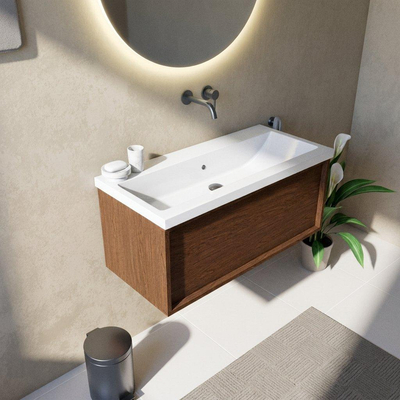 Saniclass Holz Frame Ensemble meuble de salle de bains - 100x45x43.5cm - Bari lavabo en céramique blanc - 1 vasque - sans trou de robinet - 1 tiroir - mat walnut pure (bois)