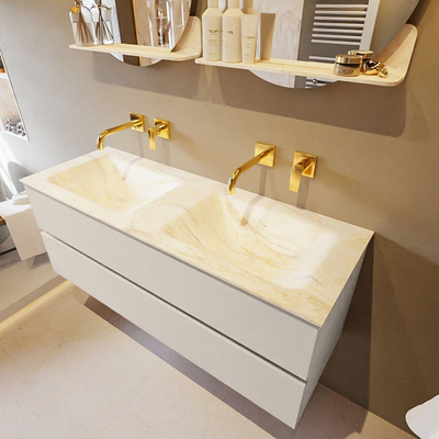 Mondiaz VICA-DLUX ensemble de meuble de salle de bain - 130cm - meuble sous-vasque lin - 2 tiroirs - lavabo encastrée cloud double - sans trous de robinet - version haute de 60cm - ostra