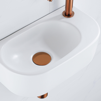 Fugaflow Efficiente Pietra Fonteinset - 40x21.5x12cm - rechs - glad - halfrond - 1 kraangat - keramiek - fonteinkraan geborsteld koper - afvoerplug - verlaagd sifon - wit mat