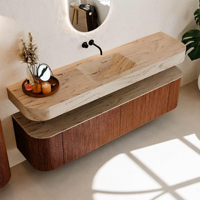 MONDIAZ THOR-DLUX 180cm meuble de salle de bains arrondi gauche + droite couleur Ruby avec 2 tiroirs et 2 portes. Vasque suspendue CLOUD Milieu sans trou de robinet couleur Arena.