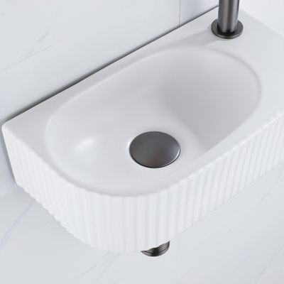 QeramiQ Fuente Ensemble de Lavabo - 40x21.5x12cm - droite - strié - demi-rond - 1 trou de robinet - céramique - ensemble de robinet gunmetal - bouchon de vidange - siphon abaissé - blanc mat