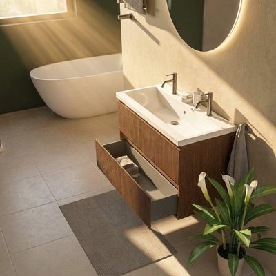 Saniclass Holz Atelier Ensemble de meubles de salle de bains - 100x45x63.5cm - Bari lavabo en céramique blanc - 1 vasque - 2 trous de robinetterie - 2 tiroirs - noyer pure mat (bois)
