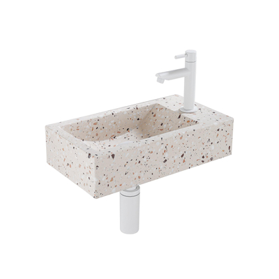 FugaFlow Eccelente Pietra Ensemble de fontaine - 40x22x10cm - trou de robinet à droite - robinet de fontaine mat blanc - bouchon de vidange - siphon abaissé - mat beige