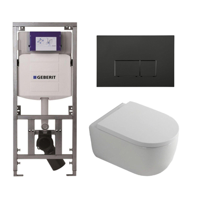 QeramiQ Dely Swirl Toiletset - 36.3x51.7cm - Geberit UP320 Burda inbouwreservoir - 35mm zitting - mat zwarte bedieningsplaat - rechthoekige knoppen - wit glans