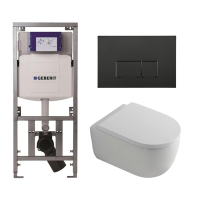 QeramiQ Dely Swirl Toiletset - 36.3x51.7cm - Geberit UP320 inbouwreservoir - 35mm zitting - mat zwarte bedieningsplaat - rechthoekige knoppen - wit glans