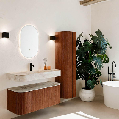 MONDIAZ THOR-DLUX 110cm meuble de salle de bains arrondi gauche + droite couleur Ruby avec 1 tiroir et 2 portes. Vasque suspendue CLOUD Milieu 1 trou de robinet couleur Frappe.