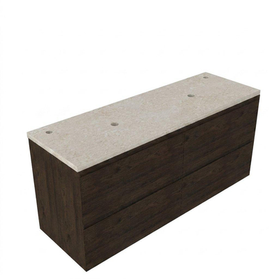 Saniclass Holz Pure Ensemble de meubles de salle de bains - 140x45x63cm - Plateau en pierre naturelle travertin - 2 trous de robinet - 4 tiroirs - chêne charcoal mat (bois)