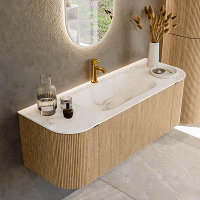 MONDIAZ KURVE-DLUX 130cm badmeubel met module 25 Len R kleur Oak met 1 lade en 2 deuren. Wastafel BIG SMALL midden 1 kraangat kleur Frappe.
