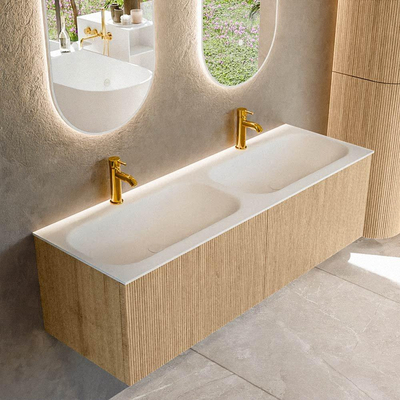 MONDIAZ KURVE Meuble de salle de bains 140 cm couleur Oak avec 2 tiroirs. Lavabo BIG SMALL double 2 trous de robinet Talc.