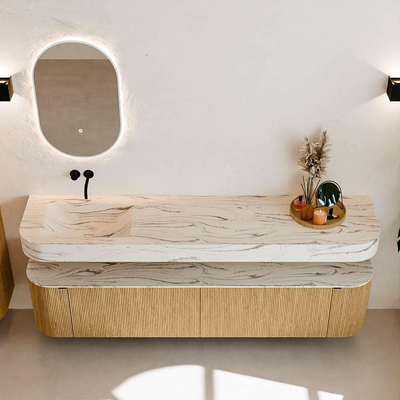 MONDIAZ THOR-DLUX 200cm meuble de salle de bains arrondi gauche + droite couleur Chêne avec 2 tiroirs et 2 portes. Vasque suspendue CLOUD Gauche sans trou de robinet couleur Nata.