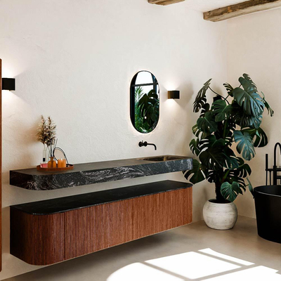 MONDIAZ THOR-DLUX 200cm meuble de salle de bains arrondi gauche + droite couleur Ruby avec 2 tiroirs et 2 portes. Vasque suspendue CLOUD droite sans trou de robinet couleur Lava.